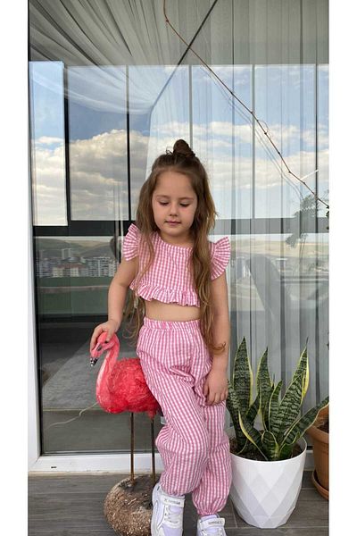 Süslüm Kids Crop Trousers Set Gingham Patterned 1-6 Years Pink Color