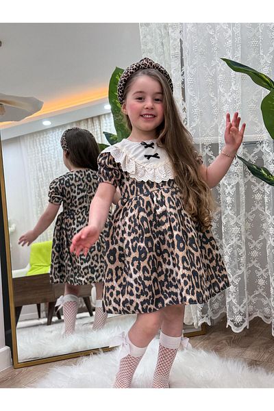 babymoon kids Leopard Pattern Lace Collar Detail Cotton Girl Dress