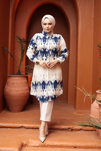N.S NEVA STYLE Patterned Navy Blue Hijab Viscose Tunic 11744L