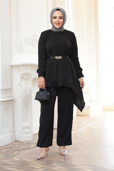 N.S NEVA STYLE Asymmetric Cut Black Hijab Double Suit 20253S