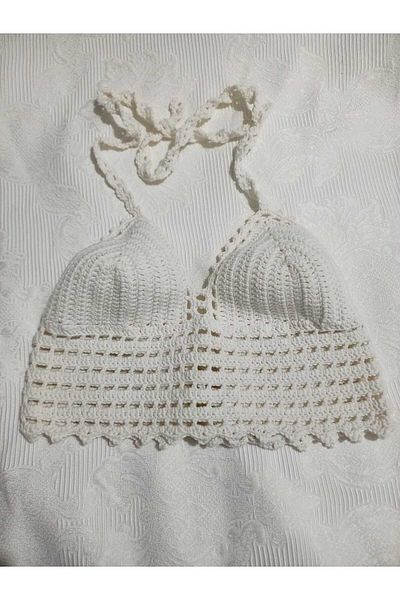 MERUT STYLE HAYATINI RENKLENDİR Hand Knitted Cotton Rope White Crop Bustier Tie Back