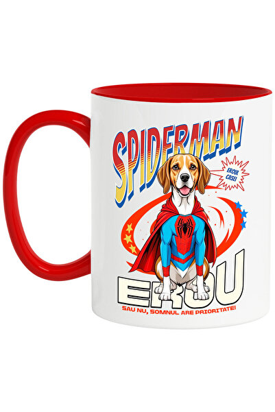 StoryGift Romania Cana cu boxer Caine In Costum de SpiderMan cu Pelerina, Erou Nocturn, Desene ani, Cu Maner Rosu