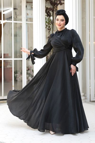 N.S NEVA STYLE Drape Detailed Black Hijab Evening Dress 4823S