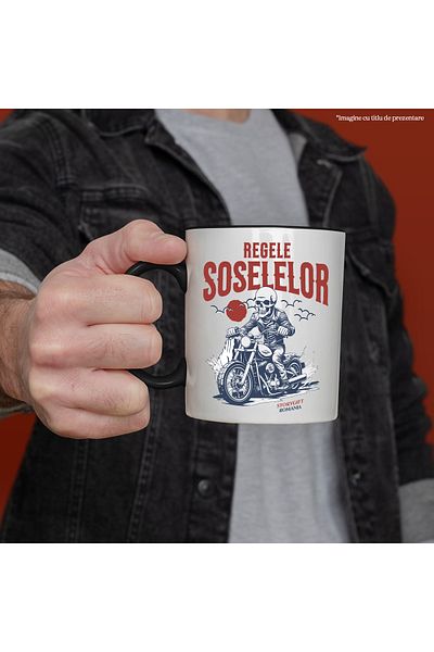 StoryGift Romania Cana regele soselelor schelete pe motor viteza motocicleta, 330ml, Ceramica cu M, Cu Maner Negru