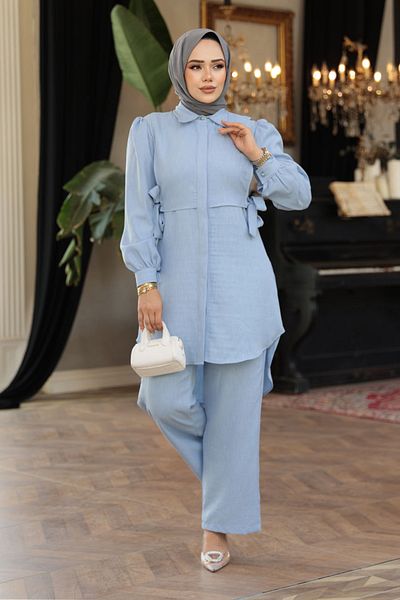 N.S NEVA STYLE Buttoned Baby Blue Hijab Double Set 68351Bm