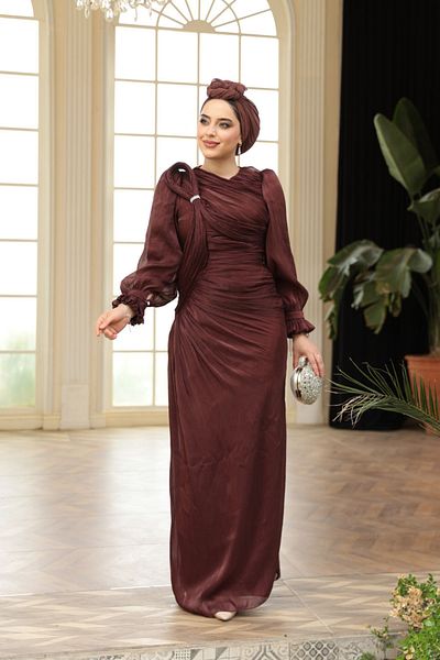N.S NEVA STYLE Draped Brown Hijab Evening Dress 51512Kh