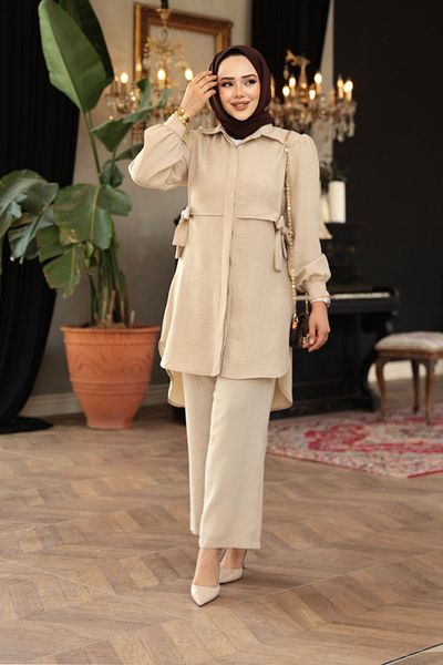 N.S NEVA STYLE Buttoned Beige Hijab Double Suit 68351Bej