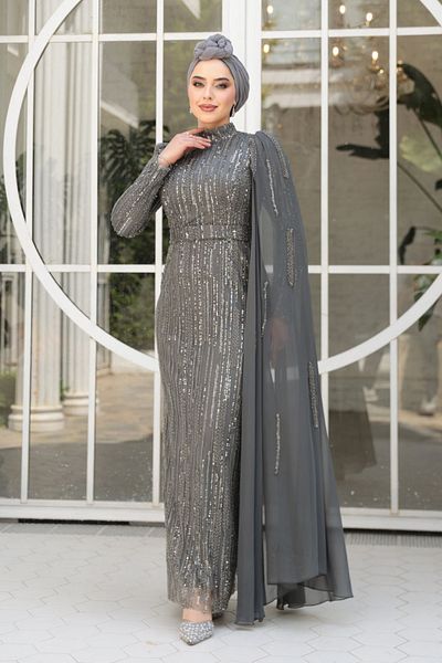 N.S NEVA STYLE Drape Detailed Smoked Hijab Evening Dress 49741Fu