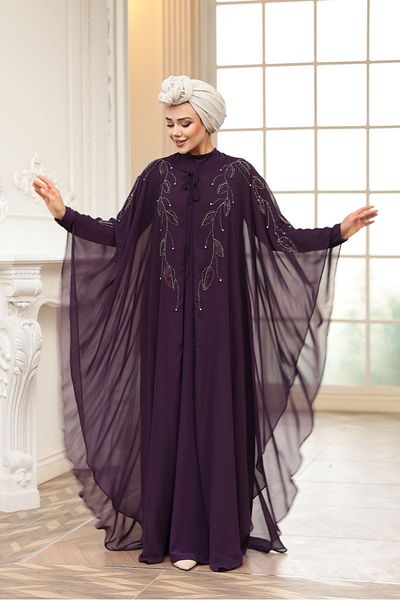 N.S NEVA STYLE Μωβ Φόρεμα Βραδινό Φόρεμα Hijab με Μανδύα 25909MOR