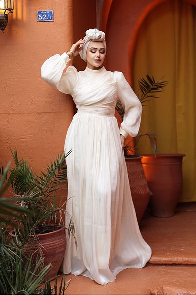 N.S NEVA STYLE Drape Detailed Cream Hijab Evening Dress 44081Kr