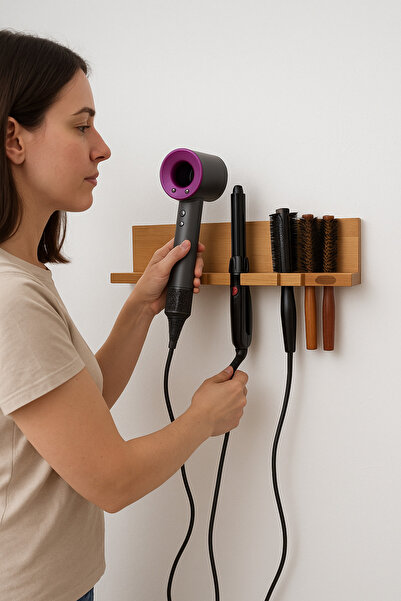 ESLENTA حامل مجفف شعر خشبي مثبت على الحائط