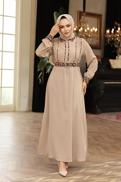 N.S NEVA STYLE Λεοπάρ Λεπτομερές Μινκ Φόρεμα Hijab 10246V