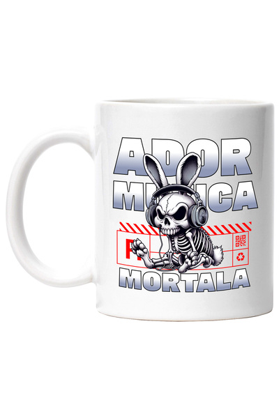 StoryGift Romania Cana IEPURE SCHELETE ADOR MUZICA MORTALA, 330ml, Ceramic cu Maner Alb, Cu Maner Alb