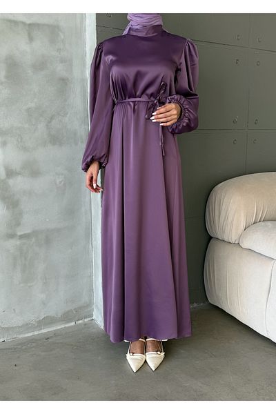hacer ayaydın Μπαλόνι μανίκι Σατέν Hijab Oversize Piping ζωσμένο φόρεμα Hijab