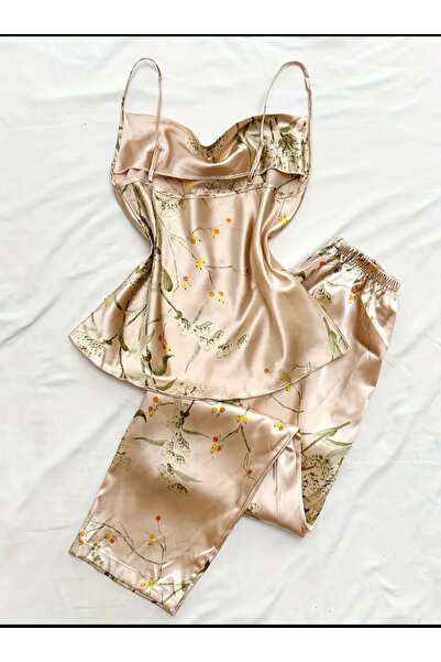 ARONA Saten Çiçekli Askılı Üst ve Uzun Pijama Alt Takımı