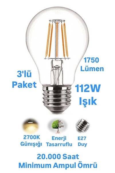 repplam 3 Adet 15W Rustik Led Ampul Günışığı 1750 Lümen E27 Duylu Dekoratif A...