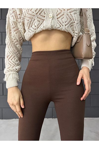 XORVİO Women's Stretchy Lycra High Waist Non-See-Through Crepe Gathering Brown Flared Leggings Trousers