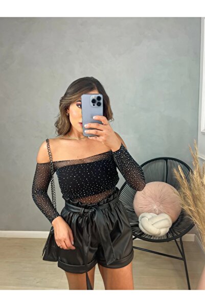 FROOY Kadın Taşlı Uzun Kol Body Zarif Kombin Tamamlayıcı Sırt Dekolteli Bodysuit File Taşlı Body