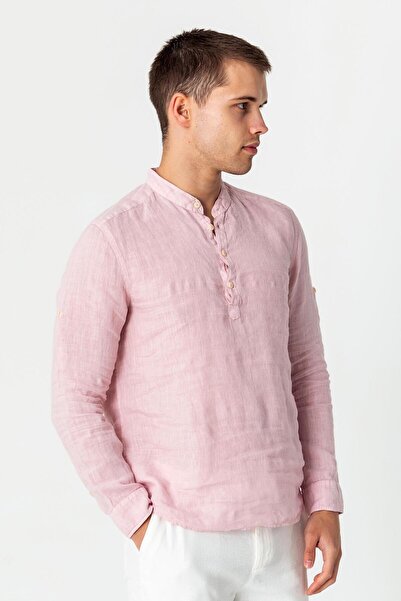 Cekmon Comfort Fit Rahat Kesim 4 Düğmeli Hakim Yaka Yüzde Yuz Keten Kumaşdan Rahat Gömlek