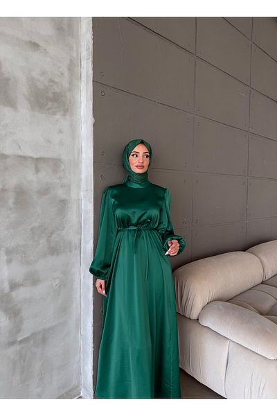 Aranlı tekstil Μπαλόνι μανίκι Σατέν Hijab Oversize Piping ζωσμένο φόρεμα Hijab
