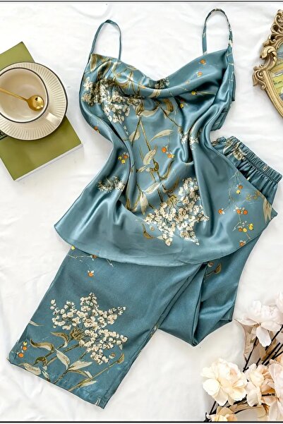 ARONA Saten Çiçekli Askılı Üst ve Uzun Pijama Alt Takımı