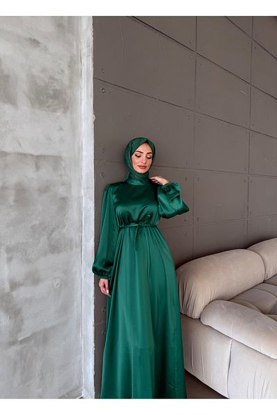 hacer ayaydın Μπαλόνι μανίκι Σατέν Hijab Oversize Piping ζωσμένο φόρεμα Hijab