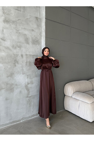 Aranlı tekstil Μπαλόνι μανίκι Σατέν Hijab Oversize Piping ζωσμένο φόρεμα Hijab