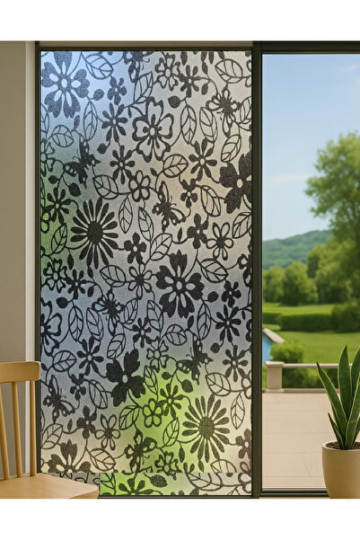 TechnoSmart | 45x150cm | Siyah Çiçek Desenli Statik Cam Kaplama Filmi Folyo | Mutfak Ofis Pencere