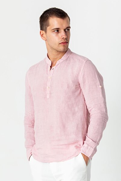Cekmon Comfort Fit Rahat Kesim 4 Düğmeli Hakim Yaka Yüzde Yuz Keten Kumaşdan Rahat Gömlek