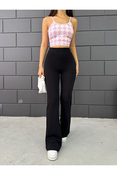 XORVİO Women's Stretchy Lycra High Waist Non-See through Crepe Gathering Black Flared Leggings Trousers
