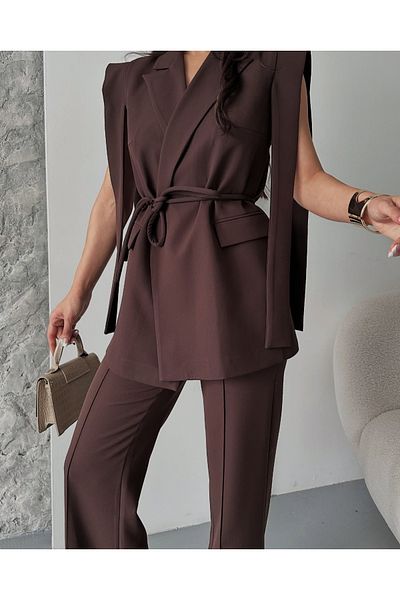 pembekurdelem Women's Tie-Up Vest Trousers Suit Brown