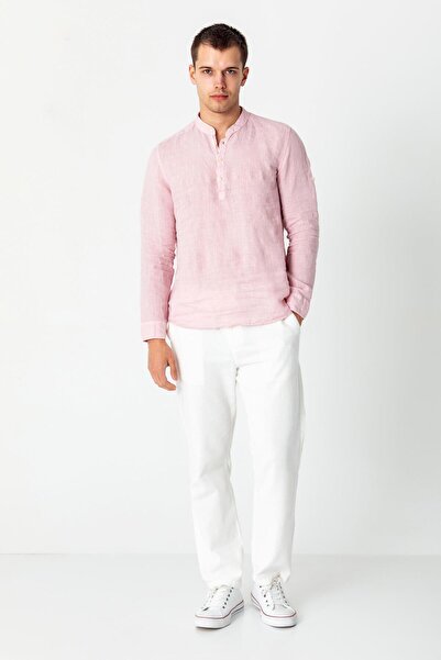 Cekmon Comfort Fit Rahat Kesim 4 Düğmeli Hakim Yaka Yüzde Yuz Keten Kumaşdan Rahat Gömlek