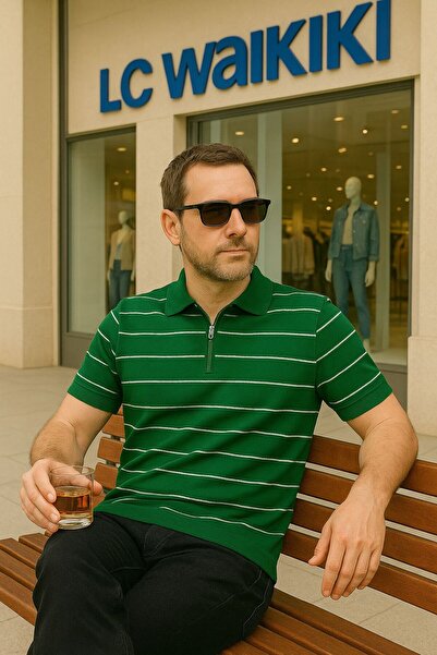 LC Waikiki Polo Neck Zippered Striped Short Sleeve Men's Summer Knitwear T-Sh...