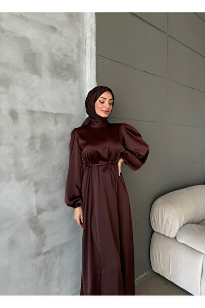 Aranlı tekstil Μπαλόνι μανίκι Σατέν Hijab Oversize Piping ζωσμένο φόρεμα Hijab