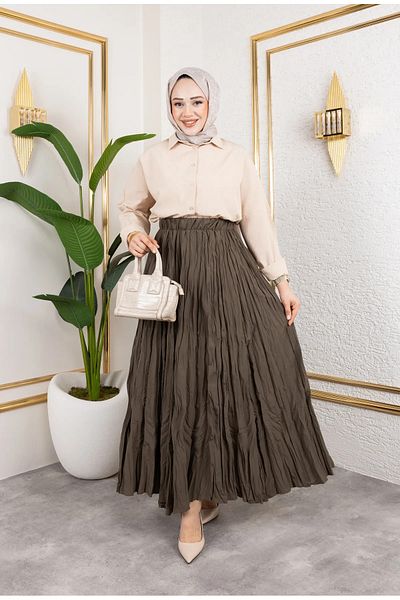 Cochines Women's Khaki Pleated Wrinkled Shorts Fabric Elastic Waist Maxi Hijab Skirt