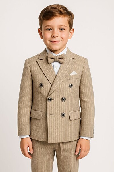 SIRRI Erkek Çocuk İçin Kruvaze Çizgili Takım Elbise – 4 Parça