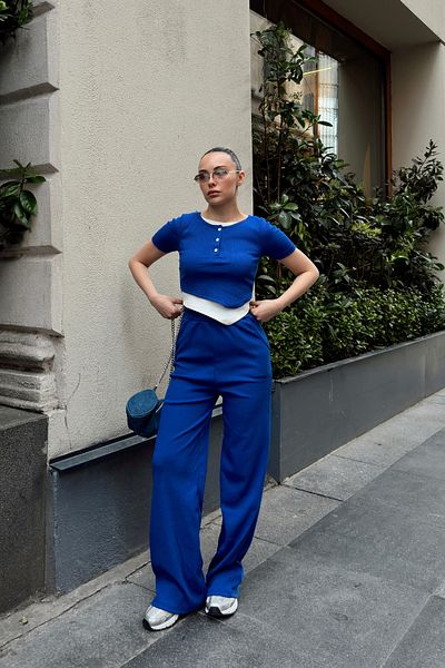 Siner Fashion Women's Blue Button Detail Blouse High Waist Pants Suit