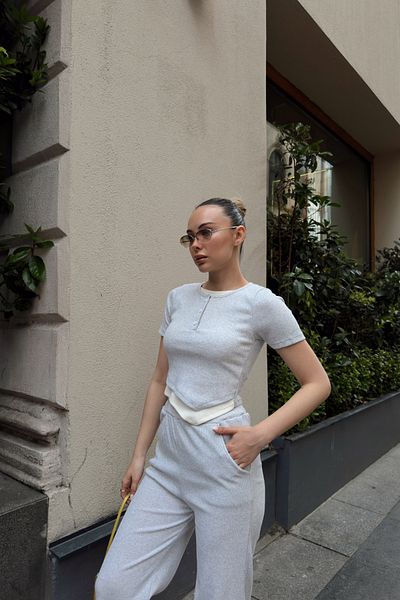 Siner Fashion Women's Gray Button Detailed Blouse High Waist Pants Set