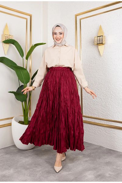 Cochines Women's Burgundy Pleated Wrinkled Shorts Fabric Elastic Waist Maxi Hijab Skirt