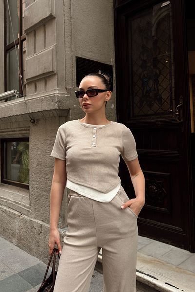 Siner Fashion Women's Beige Button Detail Blouse High Waist Pants Set