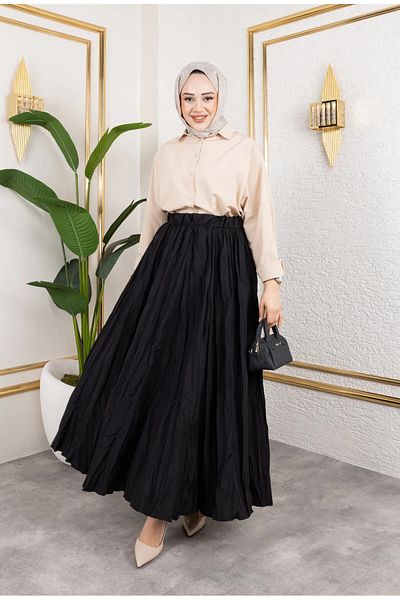 Cochines Women's Black Pleated Wrinkled Shorts Fabric Elastic Waist Maxi Hijab Skirt