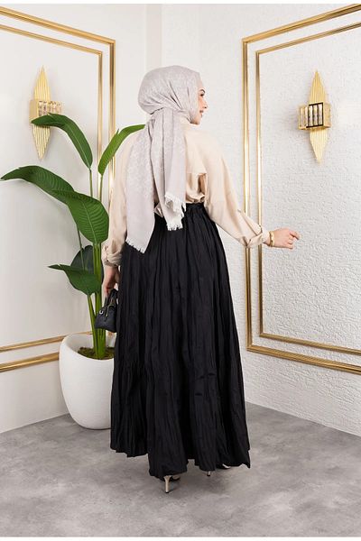 Cochines Women's Black Pleated Wrinkled Shorts Fabric Elastic Waist Maxi Hijab Skirt