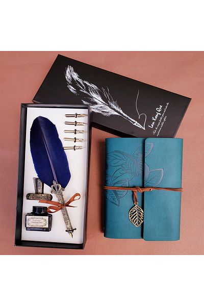 Skygo Feather Dip Pen and Leather Notebook Set