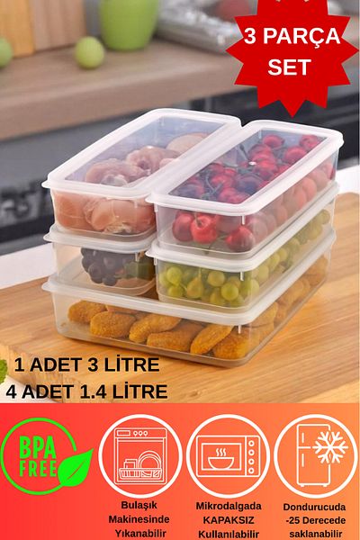 DOVİHOME 5 Pieces Vacuum Sealed Storage Container Set 3000ml and 1400ml |   Transparent |   Refrigerator Organizer