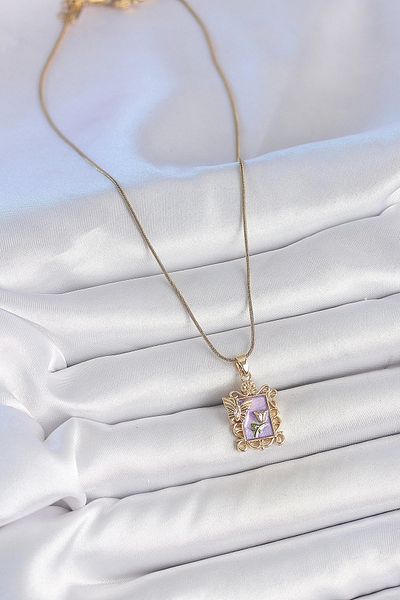 Clariss 316L Steel Gold Color Chain Purple Enamel Flower Embroidered Zircon Stone Butterfly Detail Portrait Model Woman