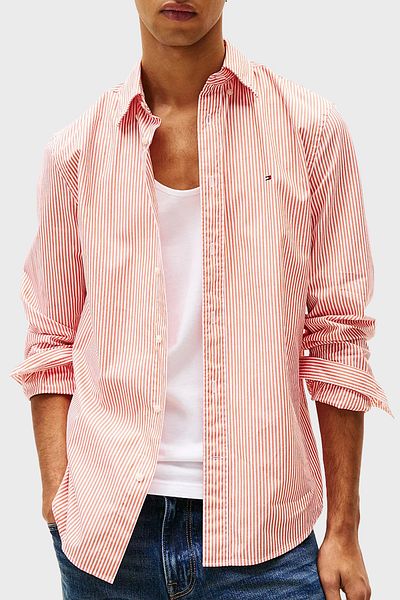 Tommy Hilfiger 100% Cotton Regular Fit Striped Button Collar Shirt Men's Shirt Mw0Mw37549 0Dm