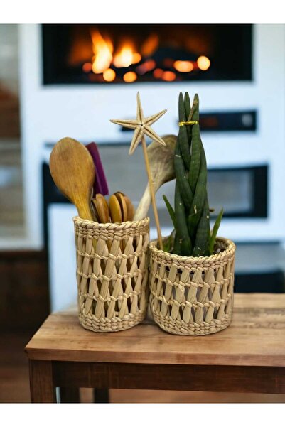 EM&MA DESİNG EM&MA Set de 2 mini ghivece din răchită și suport pentru tacâmuri pentru depozitare multifuncțională în bucătărie, sufragerie, acasă