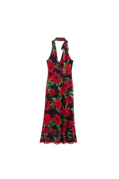 Pretty Dress Elegant red floral print summer dress - tie neck design