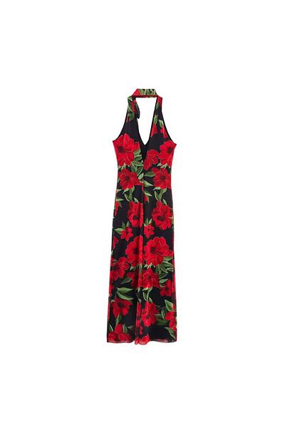 Pretty Dress Elegant red floral print summer dress - tie neck design