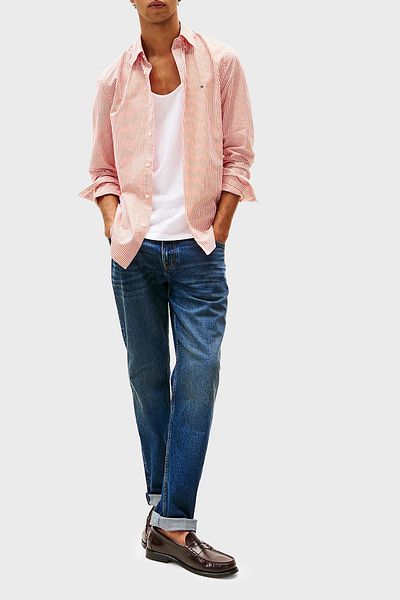 Tommy Hilfiger 100% Cotton Regular Fit Striped Button Collar Shirt Men's Shirt Mw0Mw37549 0Dm